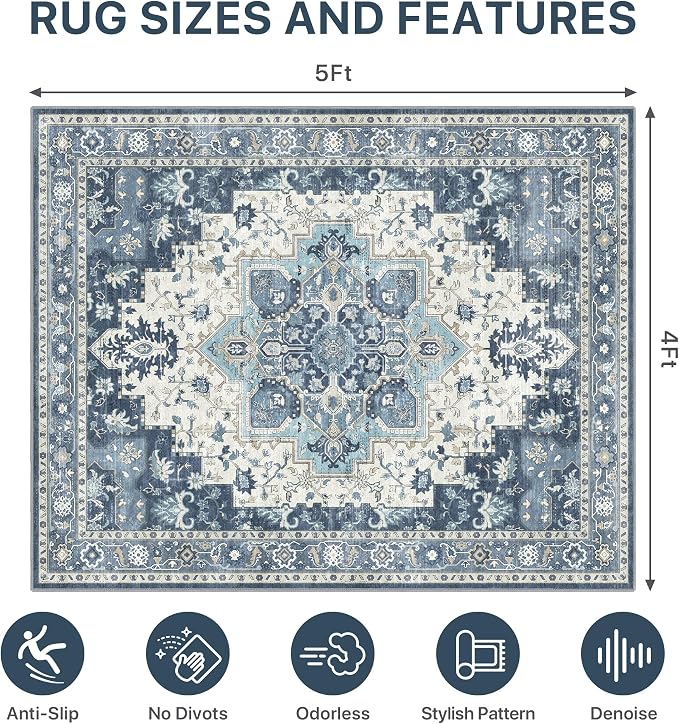 48"x60" Office Chair Mat for Hardwood Tile Floor, Under Desk Carpet Protector for Rolling Computer Chair Mat, Machine Washable Area Rug, Anti-Slip 1/5" Thick Low Pile Thin Vinyl Floor Mat, Navy