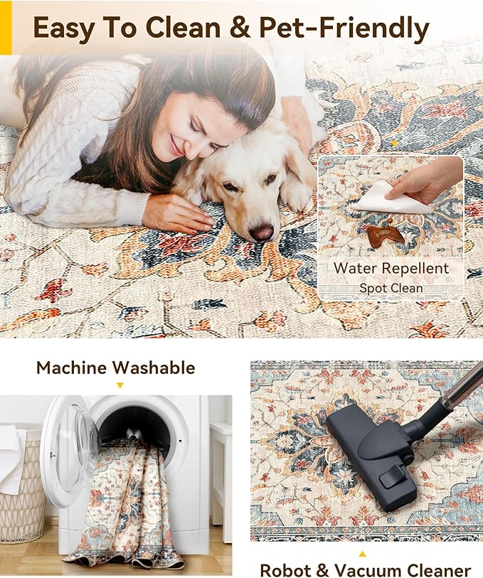 RELEANY Area Rugs Runner 3'x12' Washable Non-Slip, Floral Vintage Distress Medallion Carpet for Kitchen Hallway Bedroom Beside Laundry Room Bathroom, Beige Navy Blue Orange Colorful