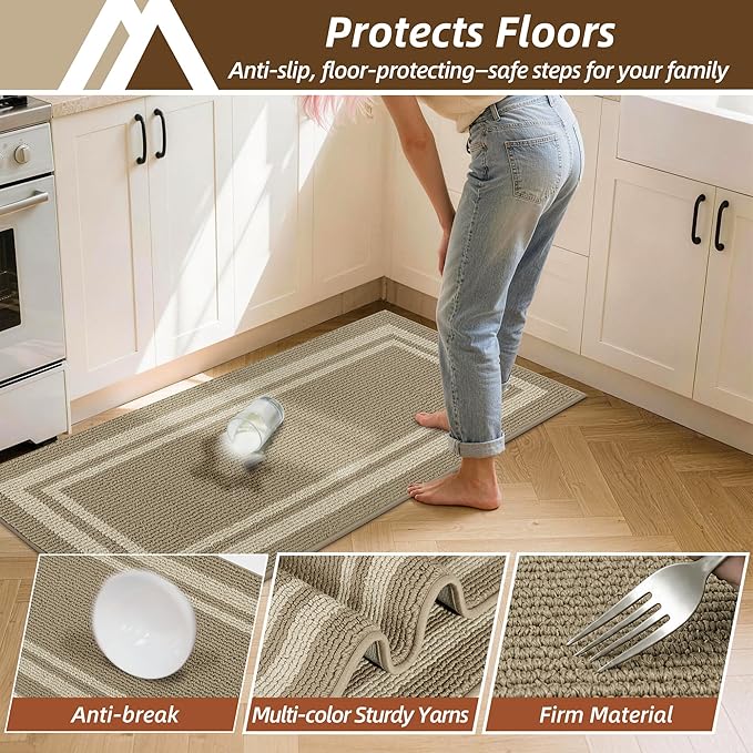 COSY HOMEER Kitchen Rugs Sets 2PCS,Non-Slip Washable Kitchen Mats for Floor,Absorbent and Stain Resistant Kitchen Runner Rugs for Kitchen Sink Laundry Entryway,20"x30"+20"x48",Beige
