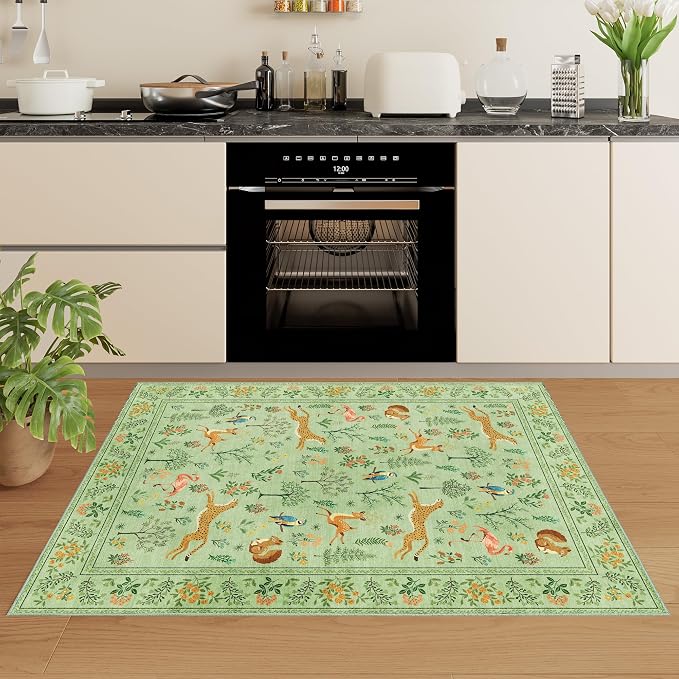 DUKINO 3x5 Rug, Washable Animal Area Rug with Non Slip Vintage Design, Indoor Soft Low Pile Carpet for Bedroom, Nursery, Dining Room, Farmhouse, Playroom, Light Green
