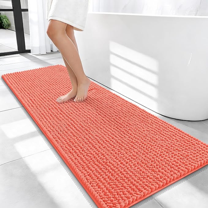 OLANLY Thick Bathroom Runner Rugs 47x20, Extra Soft Absorbent Chenille Bath Rugs, Rubber Backing, Machine Wash Dry, Long Bath Mats for Bathroom Floor, Tub and Shower, Home Decor Accessories, Coral