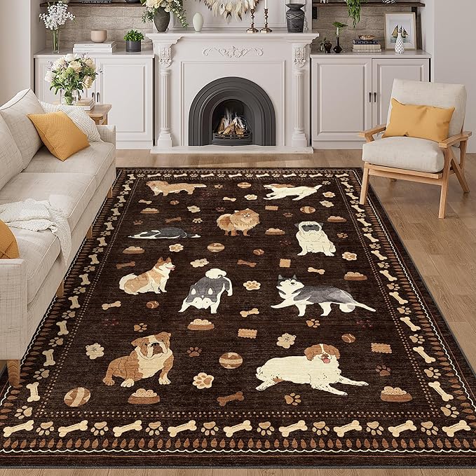 DUKINO 5x7 Rug for Living Room, Lightweight Animal Dog Print Washable Area Rug, Soft Non Slip & Low Pile Floor Mat, Stain Resistant Large Carpet for Bedroom, Nursery, Dining Room, Kids Playroom, Brown