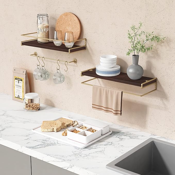 Floating Shelves Bathroom Shelves Over Toilet Set of 2, Bathroom Wall Shelves with Towel Bar, Wall Mounted Vanity Shelf for Bedroom, Kids Room, Kitchen (Brown & Gold)