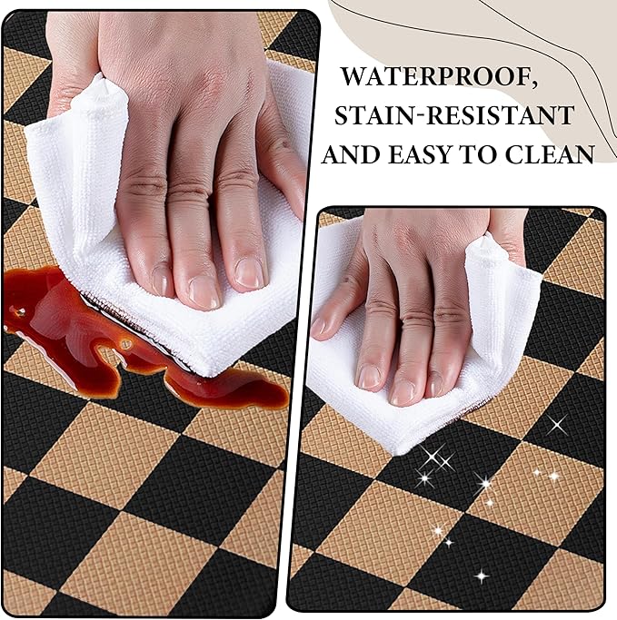 Black Brown Checkered Grid Checkerboard Kitchen Rug Sets [2 PCs], Anti-Fatigue, Waterproof Non-Slip Kitchen Mats Heavy Duty Comfort Foam Rug for Kitchen, Floor, Home, Laundry,17"x29"+17"x47"