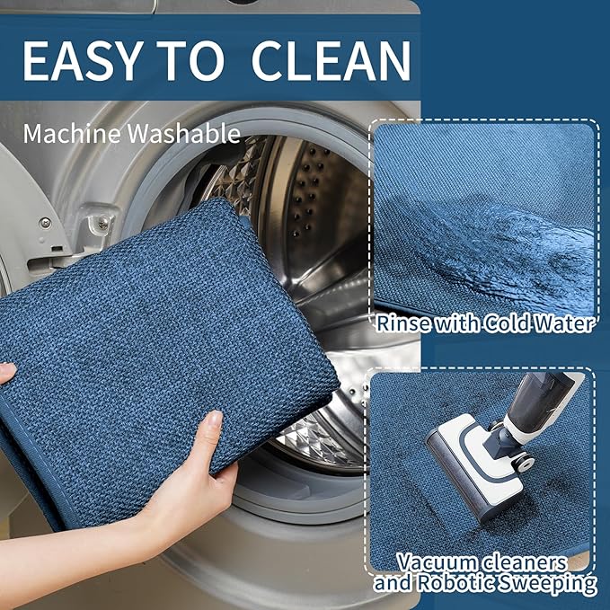YDKGL Kitchen Mats for Floor, Super Absorbent Kitchen Rugs Non Slip Washable, Soft Imitation Linen Braided Kitchen Runner Rug, Standing Mat Sink Mat, Easy to Clean, Blue 17x47