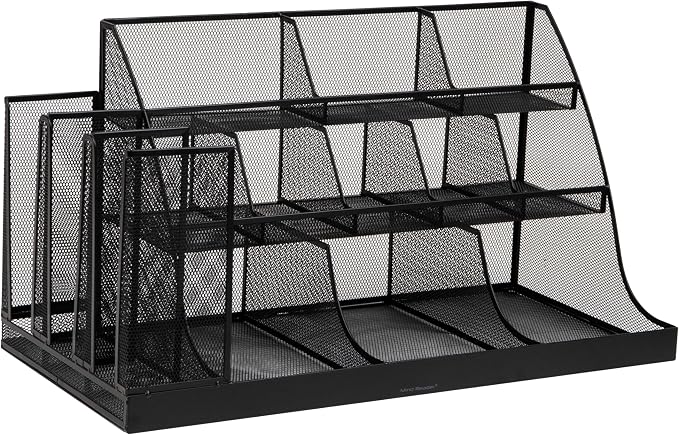 Mind Reader Cup and Condiment Station, Breakroom Countertop Organizer, 3-Tier Storage for Office Coffee Stations and Shared Spaces, Metal Mesh, Black