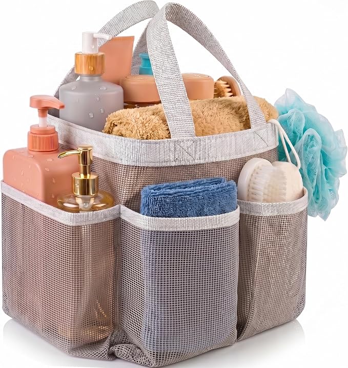 Handy Laundry Mesh Shower Caddy – 7 Pocket Portable Organizer Tote for College Dorm, Gym, Travel & Bathroom – Quick Dry, Collapsible, Lightweight Shower Bag with Handle (Gray)