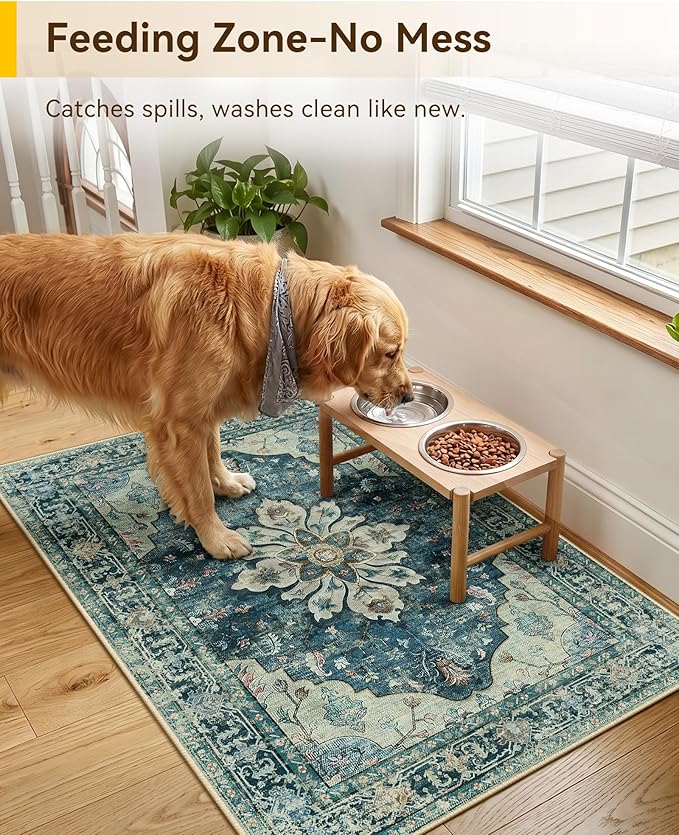 RELEANY Area Rugs Small 2'x3' Washable Non-Slip, Floral Vintage Distress Medallion Carpet for Kitchen Entryway Bathroom, Teal Green Lake Blue Turquoise