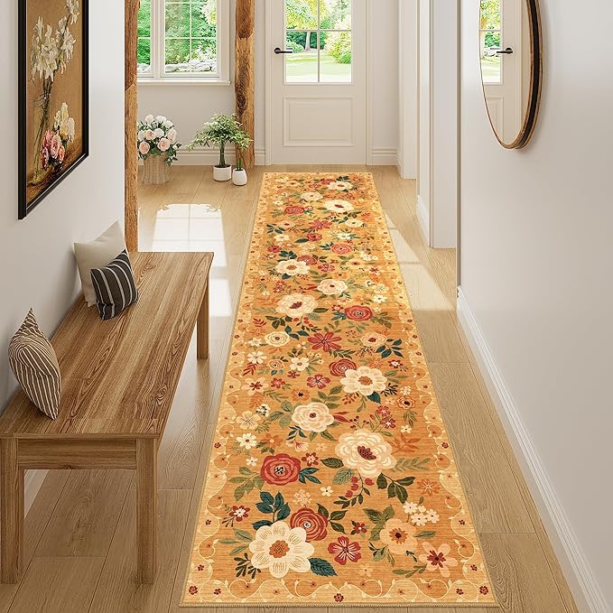 DUKINO 2x8 Runner Rug for Hallway, Washable Kitchen Runner Rug with Rubber Backing Non Slip, Low Pile Soft Boho Floral Thin Carpet for Entryway, Hallway, Bathroom, Laundry Room, Orange