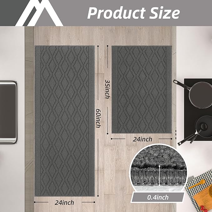 COSY HOMEER 60x24Inch/35X24Inch Kitchen Rugs Sets Non-Slip Washable Kitchen Mats for Floor Polypropylene Absorbent Kitchen Runner for Kitchen Sink Hallway Entryway(Grey)