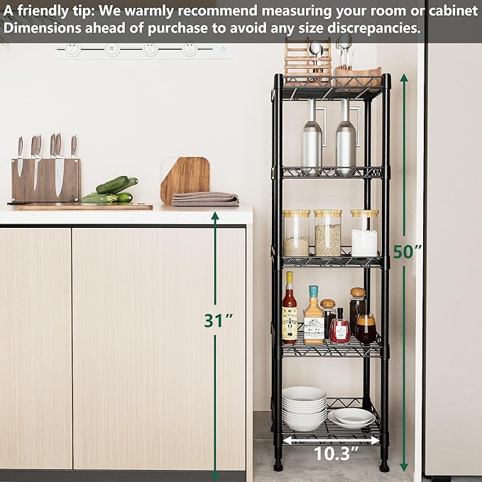GIOTORENT 5 Tier Standing Shelving Metal Units, Adjustable Height Wire Shelf Display Rack for Laundry Bathroom Kitchen 11.8 W x 11.8 D x 50 H (5-Tier, Black)