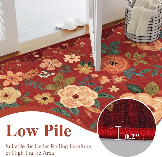 DUKINO 2x6 Runner Rug for Hallway, Washable Kitchen Runner Rug with Non Slip Backing, Low Pile Soft Boho Floral Runner for Kitchen, Hallway, Entryway, Laundry, Bedroom, Red