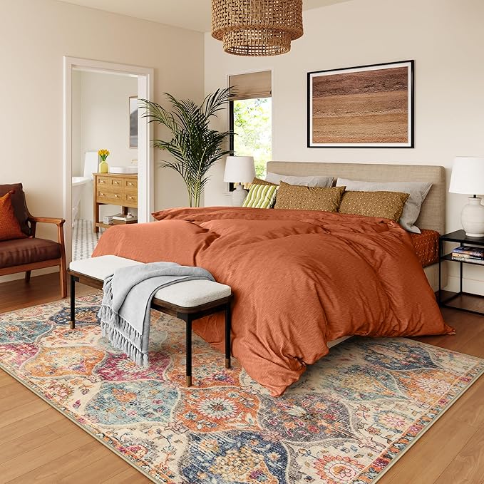 Lahome Moroccan Washable Area Rugs 8x10, 8x10 Rugs for Living Room Bedroom, Non Slip Low Pile Distressed Stain Resistant Rug for Kids Pets High Traffic Areas Elise, Burnt Orange