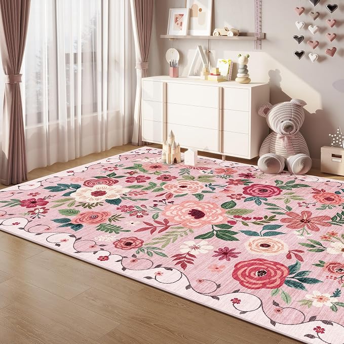 DUKINO 5x7 Area Rug, Nursery Floral Rugs for Living Room, Lightweight Non Slip Washable Rug, Indoor Low Pile & Non-Shedding Boho Design Rugs for Girls Bedroom, Kids Playroom, Dining Room, Pink