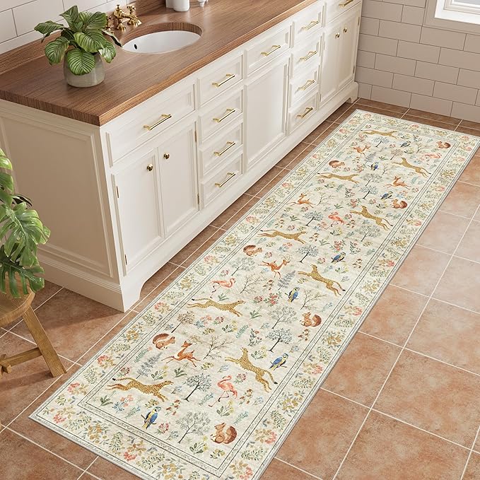 DUKINO 2x10 Rug for Hallway, Washable Kitchen Runner Rug with Non Slip Backing, Soft Low Pile Vintage Animal Runner for Bedroom, Kitchen, Hallway, Entryway, Laundry, White