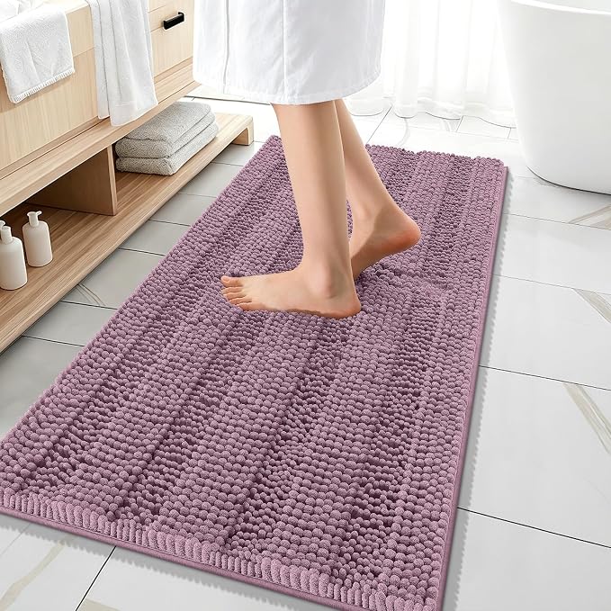 OLANLY Thick Bathroom Runner Rugs 47x20, Extra Absorbent Chenille Striped Bath Rugs, Rubber Backing, Machine Wash Dry, Long Bath Mats for Bathroom, Tub and Shower, Home Decor Accessories, Deep Plum