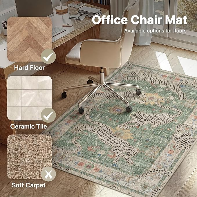 48"x72" Office Chair Mat for Hardwood Tile Floor, Under Desk Carpet Protector for Rolling Computer Chair Mat, Machine Washable Area Rug, Anti-Slip 1/5" Thick Low Pile Thin Floor Mat, Leopard Green