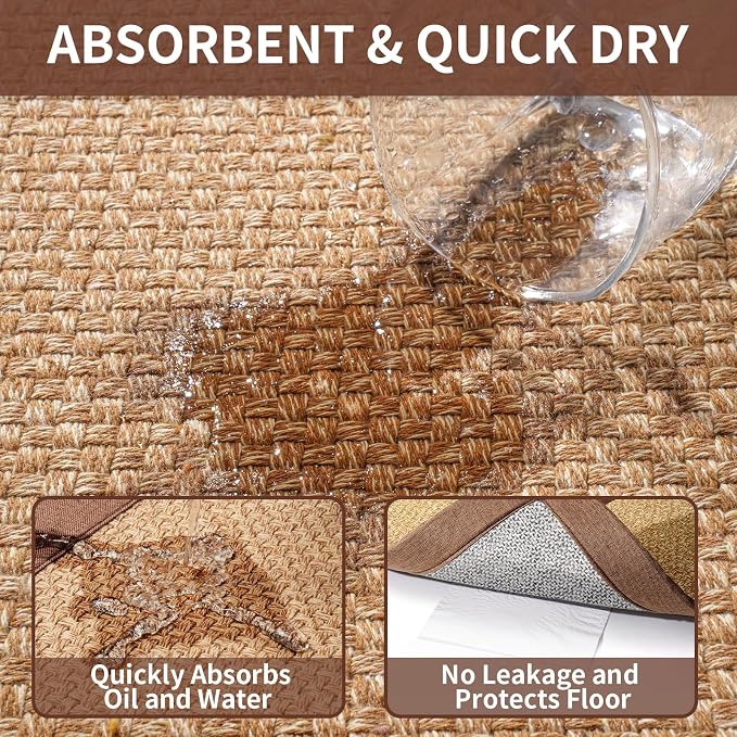 YDKGL Kitchen Mats for Floor, Rubber Backing Kitchen Rugs Non Slip Washable, Super Absorbent Jute-Like Braid Kitchen Runner Rug Sink Mat Standing Mat, Easy to Clean, Brown 17"x30"