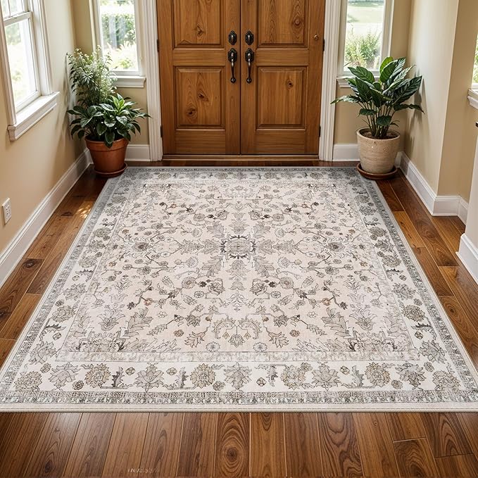 5x5 Square Washable Rug for Living Room: Non Slip Indoor Entryway Foot Carpet for Kitchen, Boho Soft Beige 5ftx5ft Low Pile Neutral Area Rug for Dining Room Bathroom (Beige, 5x5)
