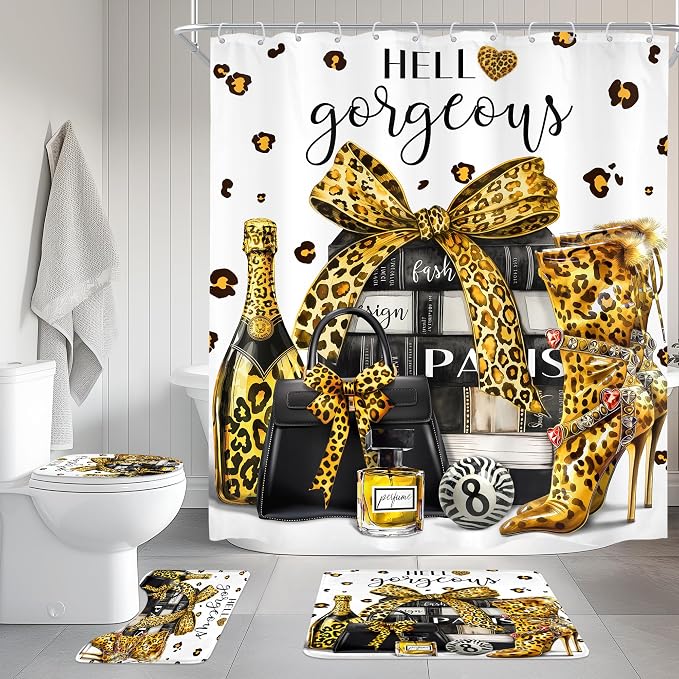 4Pcs Gold Black Leopard Shower Curtain Set, Luxury Cheetah Bathroom Curtain with Rug, Toilet Lid Cover, Bath Mat, Fashion Magazine Books Perfume High Heels Girly Shower Curtain with 12 Hooks