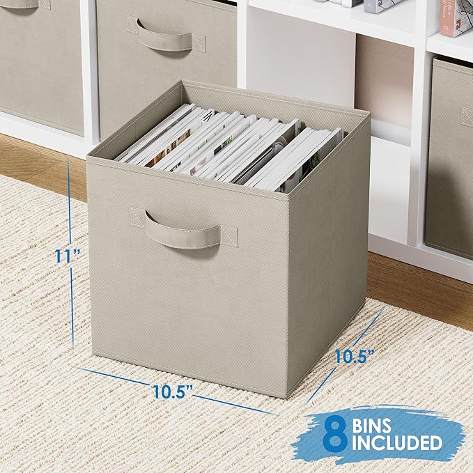 Set of 8 Foldable Fabric Storage Cube Bins | Collapsible Cloth Organizer Baskets Containers | Folding Nursery Closet Drawer | Features Dual Handles | More Beautiful Colors Available (Beige)