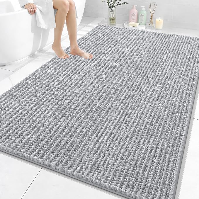 OLANLY Bathroom Rug Mat 70x46, Thick Soft and Absorbent Chenille Bath Mat, Non-Slip Rubber Backing, Machine Washable Quick Dry Bath Rugs for Tub Shower Floor, Home Decor Accessories, Light Grey