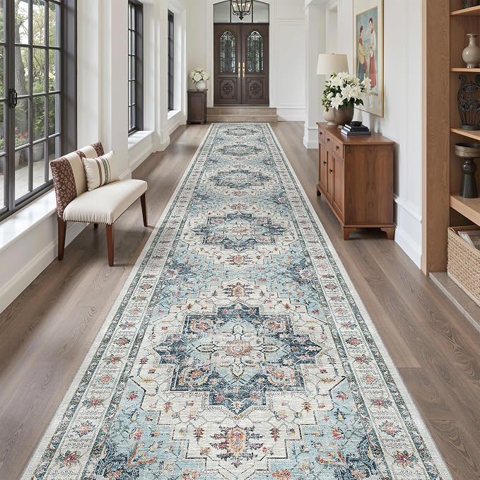 Madane Hallway Runner Rug 3x18 - Kitchen Rugs 18ft Washable Entryway Rug Vintage Kitchen Runners Non Slip Indoor Area Rug Farmhouse Carpet Runner for Bathroom Living Room Bedroom, Blue
