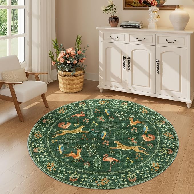 DUKINO 4ft Round Rug, Washable Round Area Rug, Non Slip Indoor Low Pile Animal Design, Soft Small Vintage Circle Carpet for Bedroom, Entryway, Living Room, Dining Room, Green