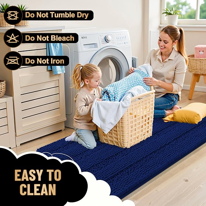 OLANLY Thick Bathroom Runner Rugs 47x20, Extra Absorbent Chenille Striped Bath Rugs, Rubber Backing, Machine Wash Dry, Long Bath Mats for Bathroom Floor, Tub and Shower, Home Decor Accessories, Navy