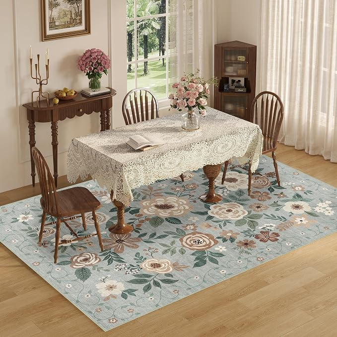 DUKINO 6x9 Area Rug, Floral Rugs for Living Room, Lightweight Non Slip Washable Indoor Low Pile & Non-Shedding Boho Design Carpet for Bedroom, Living Room, Dining Room, Sage Green