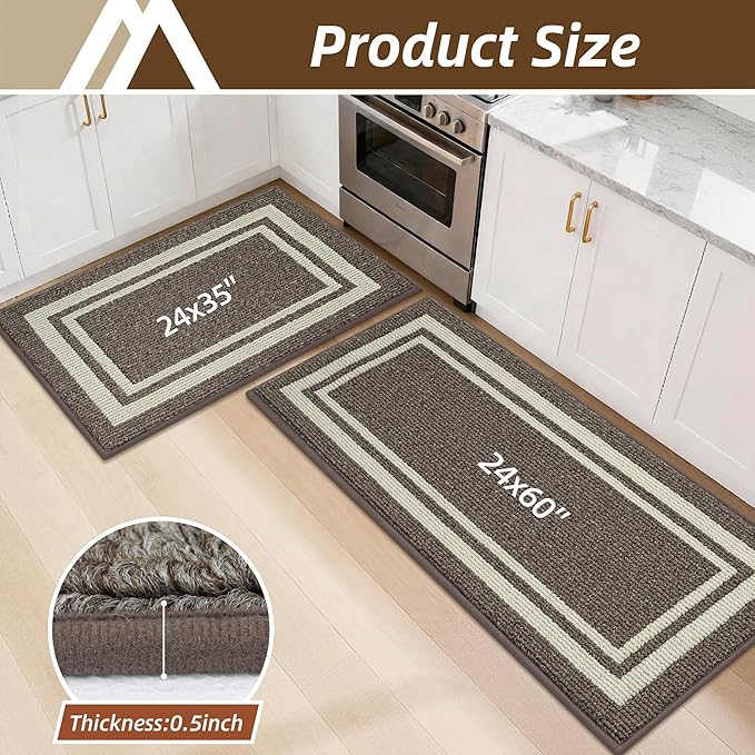 COSY HOMEER Kitchen Rugs Non-Slip 24x35/24x60 Inch Thick Polypropylene Standing Mat for Home Machine Washable, Brown Frame