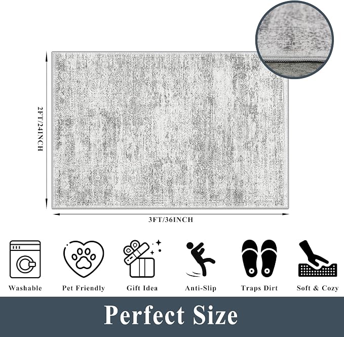 Washable Rug 2x3 for Entryway, Small Non-Slip Kitchen Throw Mat for Sink, Soft Low-Pile Stain & Fade-Resistant Indoor Mat for Pet Area & Bathroom (Grey/Ivory)