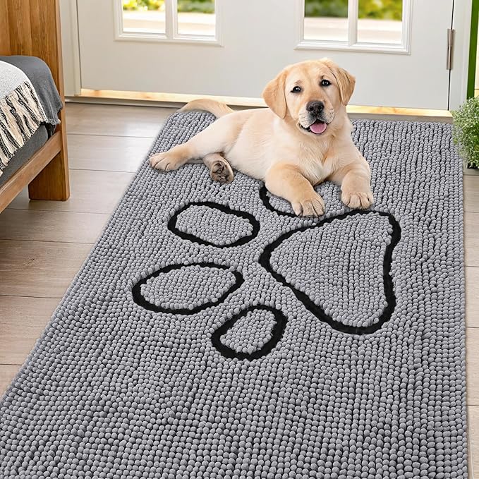 Smiry Dog Door Mat for Muddy Paws, Absorbent Dirt Trapper Non Slip Quick Dry Washable Chenille Mat for Mud Dogs, Entry Rug for Indoor and Outdoor (54x32 Inches, Grey and Black)