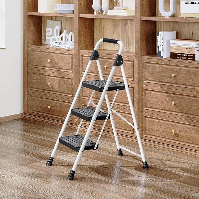 KINGRACK 3 Step Ladder, Folding Step Stool with Comfortable Handrail, Wide Anti-Slip Pedals & Safe-Lock Design, 800lbs Load Capacity, Sturdy Steel Portable Ladder, Perfect for Home and Kitchen, White