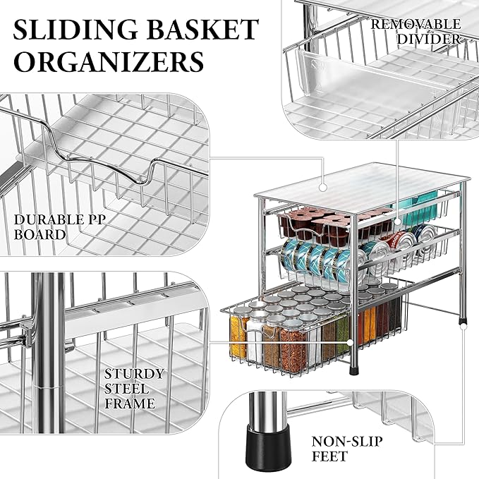 Simple Houseware Stackable 3 Tier Sliding Basket Organizer Drawer, Chrome