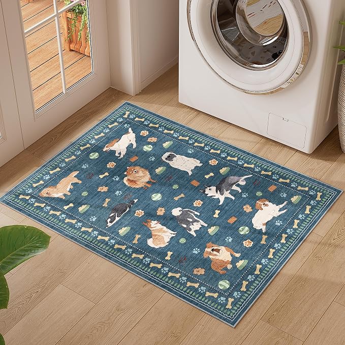 DUKINO 2x3 Entryway Rug, Washable Small Door Mat Indoor Entance Lightweight Area Rug with Non Slip, Low Pile & Non Shedding Animal Dog Throw Carpet for Kitchen, Bathroom, Bedroom, Kids Room, Blue