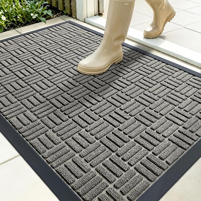 OLANLY Front Door Mat Outside Entrance 35x23, Absorbent, Heavy Duty Sturdy Natural Rubber Doormat Indoor Outdoor, Non-Slip, Stain and Fade Resistant, Low Profile Floor Mat for Entryway, Modern Gray