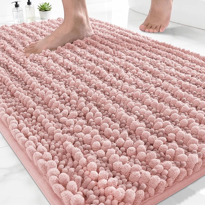 Yimobra Bathroom Rugs Non Slip Washable - Ultra Soft Absorbent Chenille Bath Mat, Quick Dry Shaggy Floor Carpet for Tub Shower, Light Pink Home Decor Accessories, 24x17 Inch