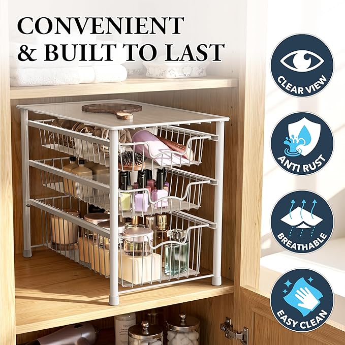 Simple Houseware Stackable 3 Tier Sliding Basket Organizer Drawer, White