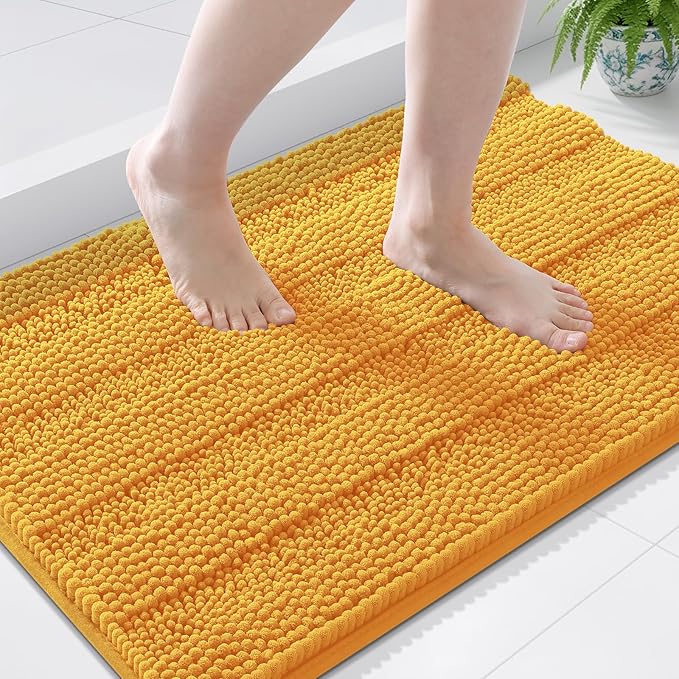 Grandaily Chenille Striped Bathroom Rugs 44x24, Extra Thick and Soft Absorbent Bath Mats, Rubber Backing, Plush Shaggy Shower Carpet, Machine Wash Dry, Bath Rug for Bathroom, Golden Yellow