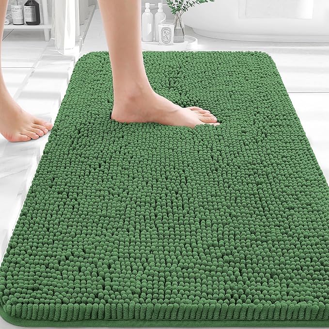 OLANLY Bathroom Rugs 32x20, Extra Soft Absorbent Chenille Bath Rugs, Rubber Backing Quick Dry, Machine Washable Bath Mats for Bathroom Floor, Tub and Shower, Home Decor Accessories, Olive Green