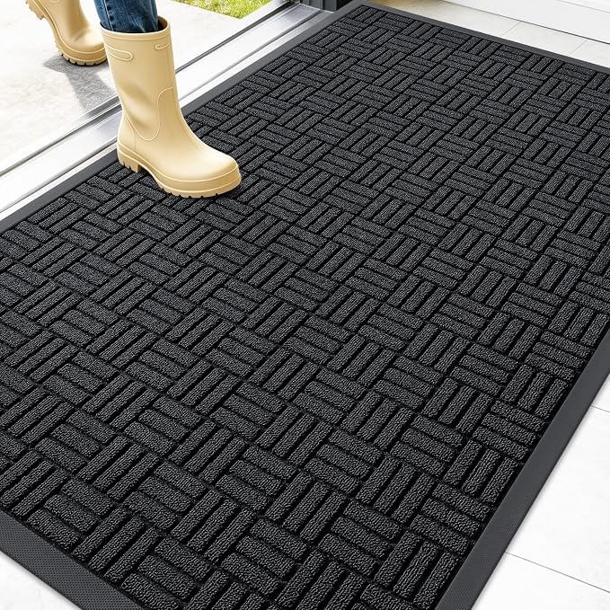 OLANLY Front Door Mat Outside Entrance 47x32, Absorbent, Heavy Duty Sturdy Natural Rubber Doormat Indoor Outdoor, Stain and Fade Resistant, Non-Slip Backing Low Profile Floor Mat for Entryway, Black
