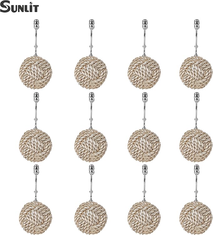 Sunlit Boho Knots Double Shower Curtain Hooks, Home Decorative Shower Curtain Rings for Bathroom, Seaside Nautical Shower Curtain Hangers Bathroom Accessories, Set of 12