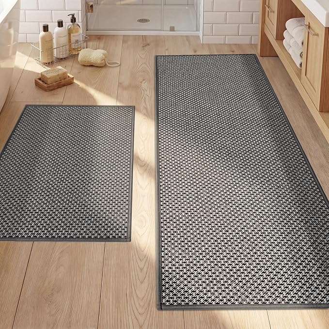 YIHOUSE Thin Bath Mat Dark Grey Bathroom Rugs Sets 2 Pieces, Non Slip Absorbent Mats Quick Dry, Woven Rugs Washable, Tapetes para Baño for Bathroom Toliet,Bathtub(17"x24"+17"x47")