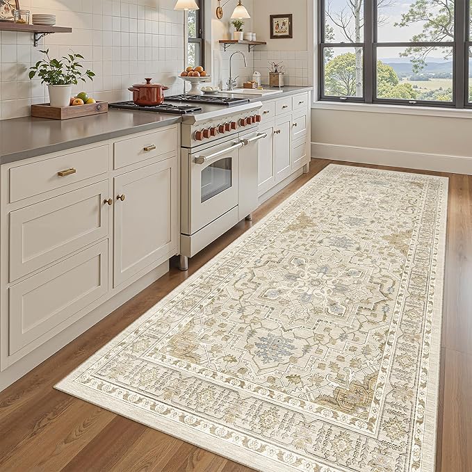 Madane Hallway Runner Rug 4x8 Wide: Washable Thin Runners for Hallways Entry, Non Slip Soft Vintage Kitchen Rugs Low Pile Carpet Runners for Living Room Bedroom Dining Room Foyer (Beige/Blue, 4x8)