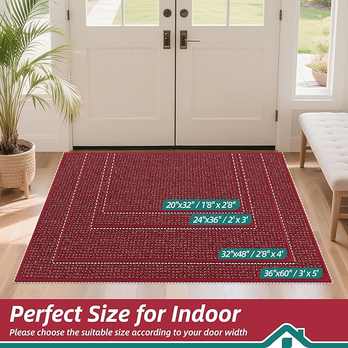 BEQHAUSE Dirt Trapper Door Mat 20" x 32", Non-Slip Washable Doormats Entrance Mat, Dirt Resistant and Absorbent Welcome Mat, Low Profile Floor Mats for Front Back Door and Entryway, Red