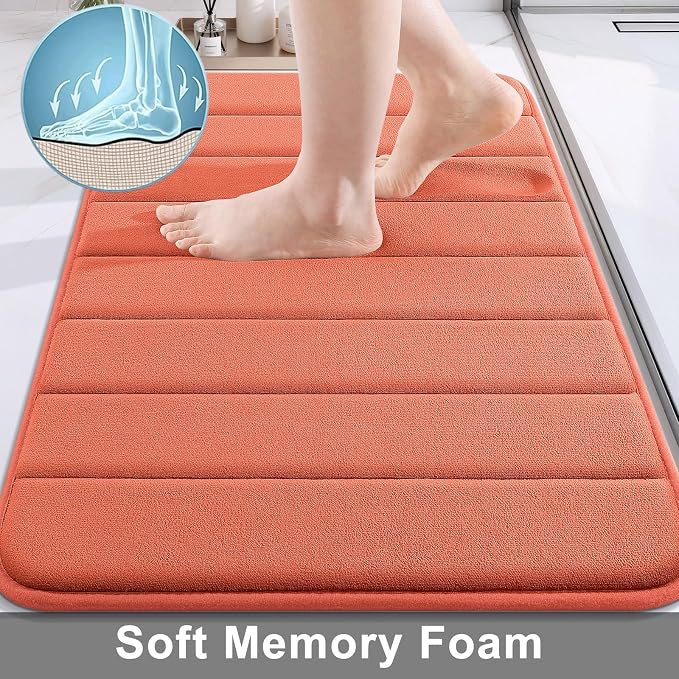 Buganda Memory Foam Bath Mat, 24" x 16", Ultra Soft and Non-Slip Bathroom Rugs, Water Absorbent and Machine Washable Bath Rug for Bathroom, Shower, and Tub, Coral