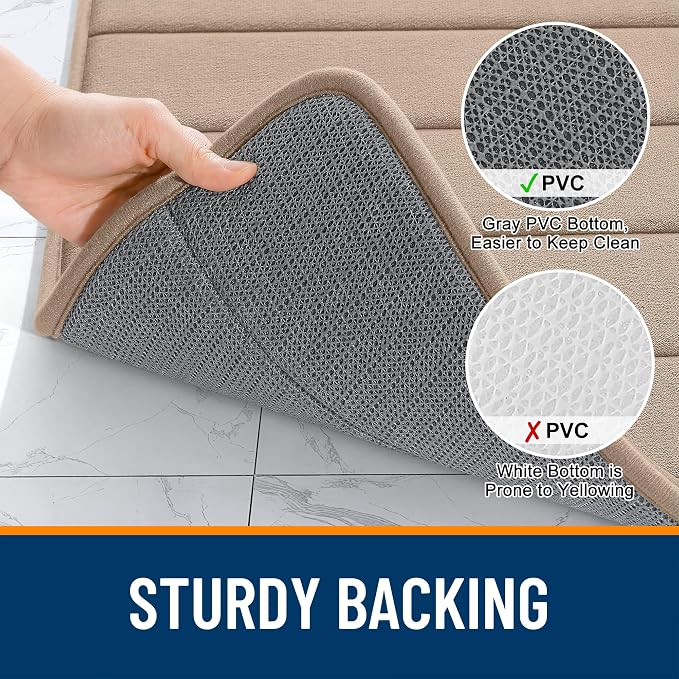 OLANLY Memory Foam Long Bathroom Rugs Runner 47x20, Super Soft Absorbent Bath Mat, Quick Dry, Machine Washable Shower Floor Rugs, Bathmat Carpet, Bathroom Home Decor Accessories, Tan