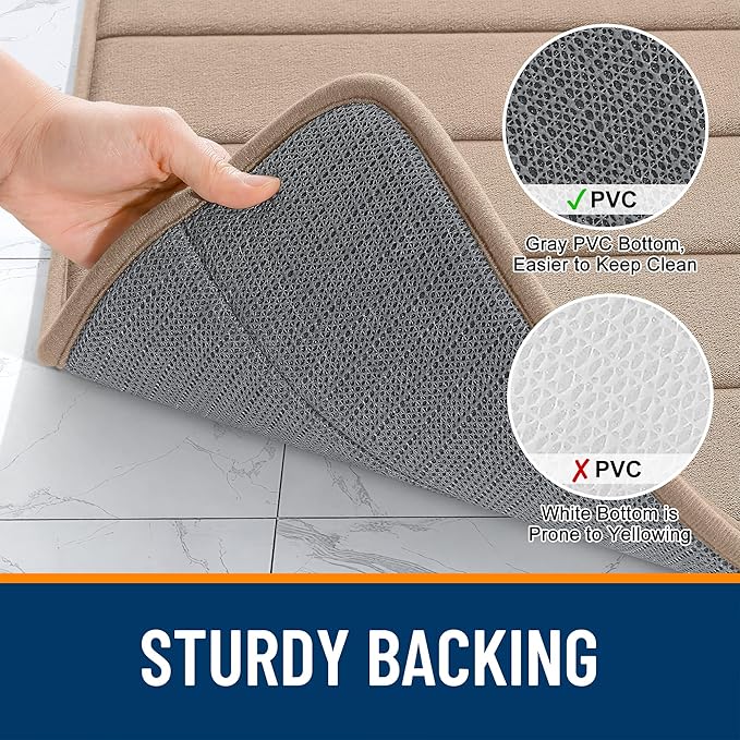 OLANLY Memory Foam Bath Mat 32x20, Super Soft Absorbent Bathroom Rugs, Quick Dry, Machine Washable Shower Floor Rugs, Bathmat Carpet, Bathroom Home Decor Accessories, Tan