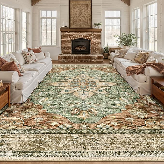 RELEANY Area Rugs Large 9'x12' Washable Non-Slip, Floral Vintage Distress Medallion Carpet for Living Room Bedroom Dining Room, Terracotta Burnt Orange Green